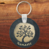 ヨガスタジオメディテーションインストラクターブラック金ゴールドツリー キーホルダー (正面)