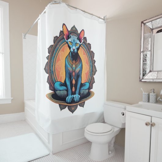ヨガスフィンクスキャットアートロータスポーズゼンナマステ シャワーカーテン (インサイチュ)