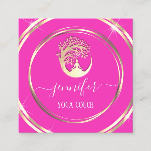 ヨガソファーセラピストマインドフルネスQRコードピンク スクエア名刺 (正面)
