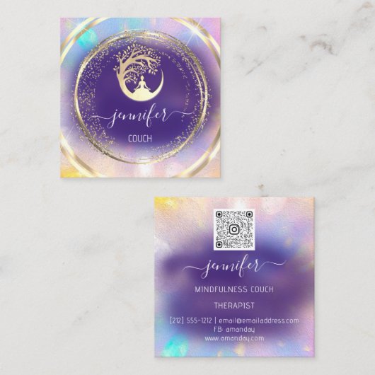 ヨガソファーセラピストマインドフルネスQRCODEゴールドパープル スクエア名刺 (正面/裏面)