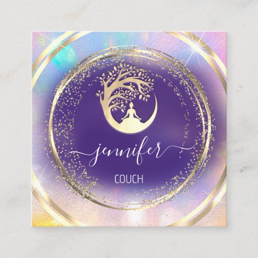 ヨガソファーセラピストマインドフルネスQRCODEゴールドパープル スクエア名刺 (正面)