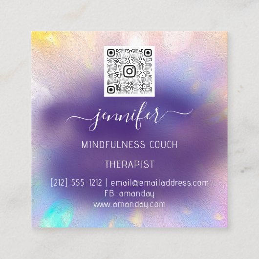 ヨガソファーセラピストマインドフルネスQRCODEゴールドパープル スクエア名刺 (裏面)