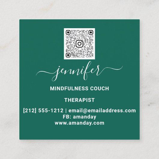 ヨガソファーセラピストマインドフルネスQRCODEロゴティール(緑がかった色) スクエア名刺 (裏面)