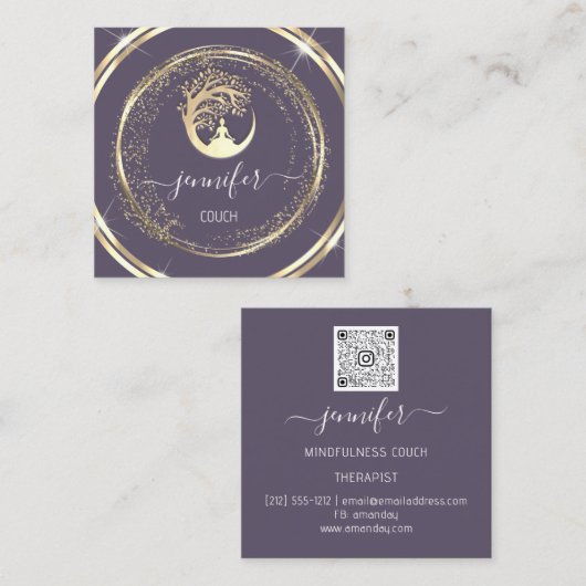 ヨガソファーセラピストマインドフルQR金ゴールド紫 スクエア名刺 (正面/裏面)