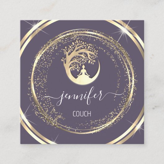 ヨガソファーセラピストマインドフルQR金ゴールド紫 スクエア名刺 (正面)