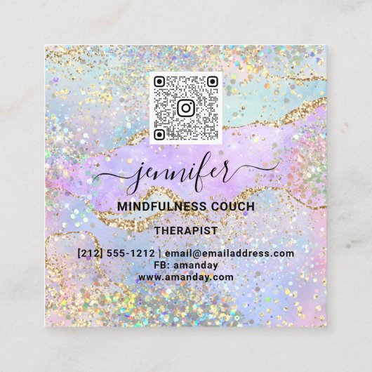ヨガソファーセラピストロゴQRコードホログラフ金ゴールド スクエア名刺 (裏面)