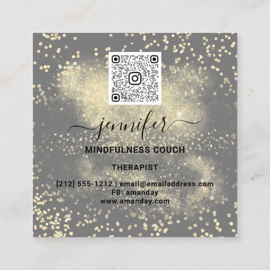 ヨガソファーセラピストロゴQRコード金ゴールドグリッターグレー スクエア名刺 (裏面)