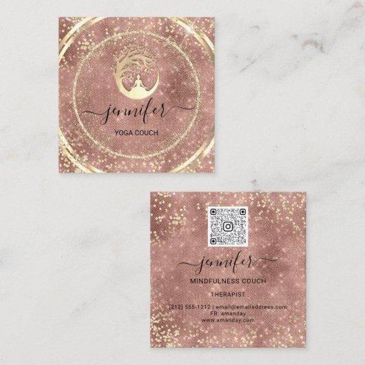 ヨガソファーセラピストロゴQRコード金ゴールドグリッターローズ スクエア名刺 (正面/裏面)