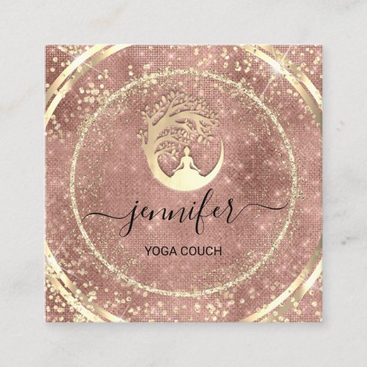 ヨガソファーセラピストロゴQRコード金ゴールドグリッターローズ スクエア名刺 (正面)