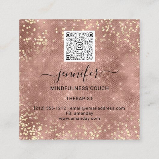 ヨガソファーセラピストロゴQRコード金ゴールドグリッターローズ スクエア名刺 (裏面)