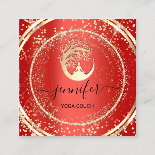 ヨガソファーセラピストロゴQRコード金ゴールドグリッター赤 スクエア名刺 (正面)