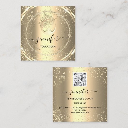 ヨガソファーセラピストロゴQRコード金ゴールドグリッター スクエア名刺 (正面/裏面)