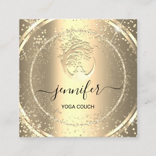 ヨガソファーセラピストロゴQRコード金ゴールドグリッター スクエア名刺 (正面)
