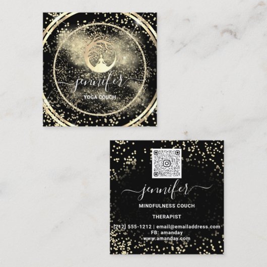 ヨガソファーセラピストロゴQRコード金ゴールドブラック スクエア名刺 (正面/裏面)