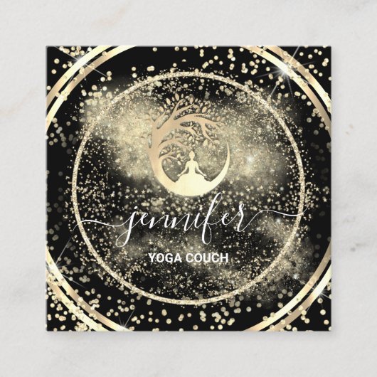 ヨガソファーセラピストロゴQRコード金ゴールドブラック スクエア名刺 (正面)