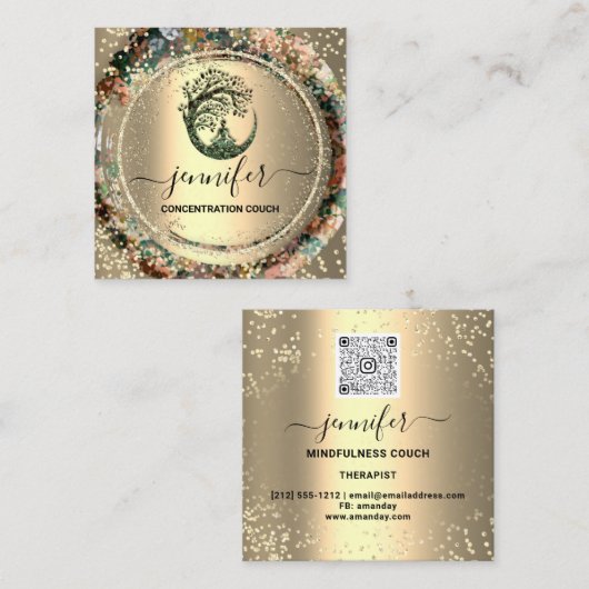 ヨガソファーセラピストロゴQRコード金ゴールド紙吹雪 スクエア名刺 (正面/裏面)