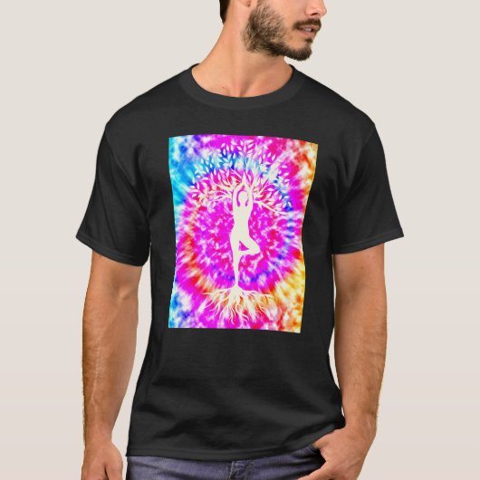 ヨガナマステ月タイダイ仏教の木 Tシャツ (正面)