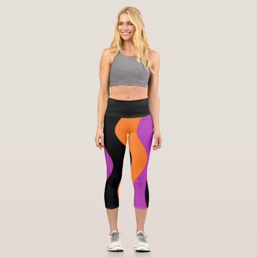 ヨガパストライプのンツパープルブラック&オレンジレギンス  カプリレギンス (正面)