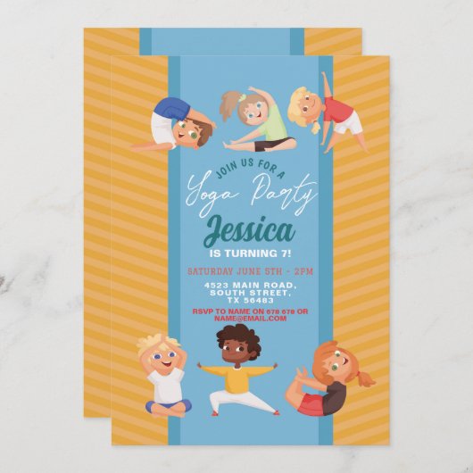 ヨガパーティー誕生日ストレッチガールズボーイズおもしろい 招待状 (正面/裏面)