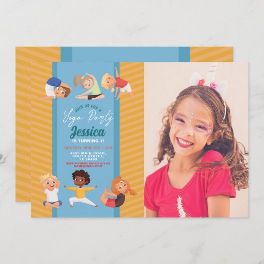 ヨガパーティー誕生日ストレッチガールズボーイズ写真 招待状 (正面/裏面)