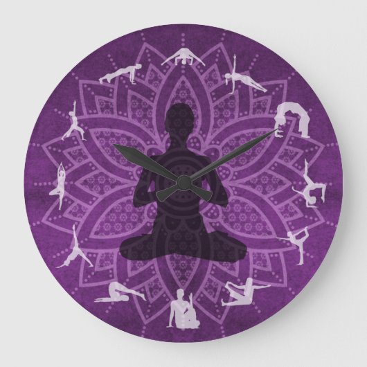 ヨガポーズの平和な紫色の曼荼羅 ラージ壁時計 (正面)