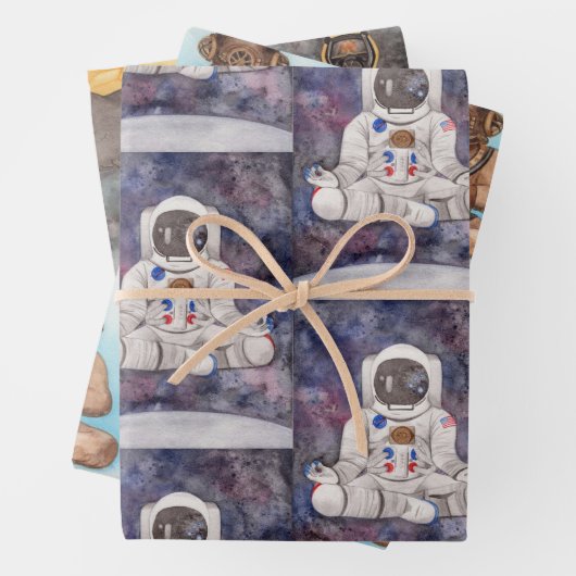 ヨガポーズ宇宙飛行士3オリジナル水彩 ラッピングペーパーシート (インサイチュ)