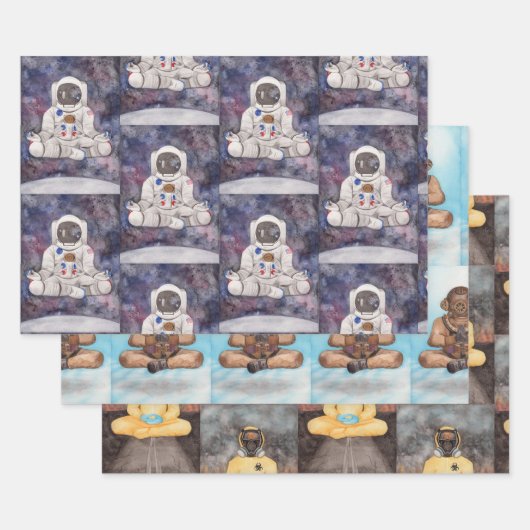 ヨガポーズ宇宙飛行士3オリジナル水彩 ラッピングペーパーシート (セット)