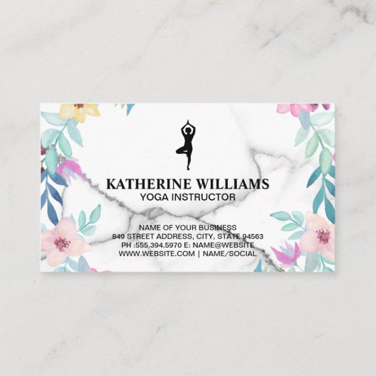 ヨガポーズ |大理石とエレガント花 名刺 (裏面)