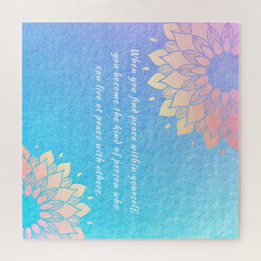 ヨガメディテーションインストラクターブルー金ゴールドマンダラ引用文 ジグソーパズル (横)