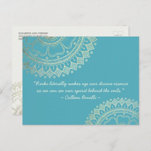 ヨガメディテーションインストラクターブルー金ゴールドマンダラ引用文 ポストカード (正面/裏面)