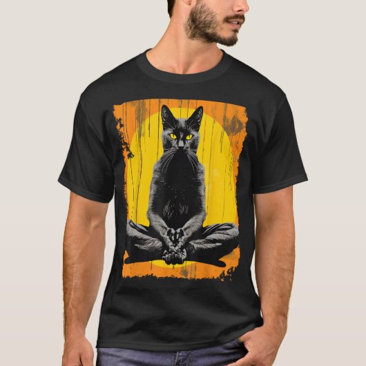 ヨガメディテーション黒猫 Tシャツ (正面)