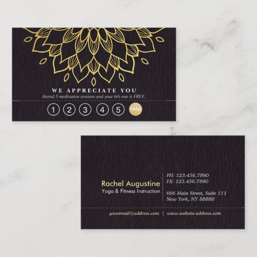 ヨガロイヤリティ6パンチ金ゴールドマンダラ&ブラックレザー ロイヤリティカード (正面/裏面)