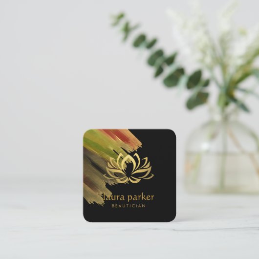 ヨガ先生ロータスフラワー金ゴールドアートロゴホリスティック スクエア名刺 (スタンド正面)