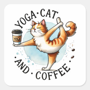 「ヨガ猫とコーヒー」おもしろい猫好き スクエアシール