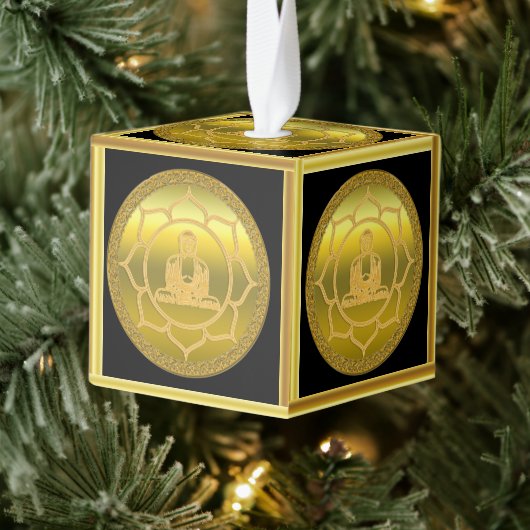 ヨガ瞑想をする仏スピリチュアル金ゴールド箔 キューブオーナメント (ツリー)