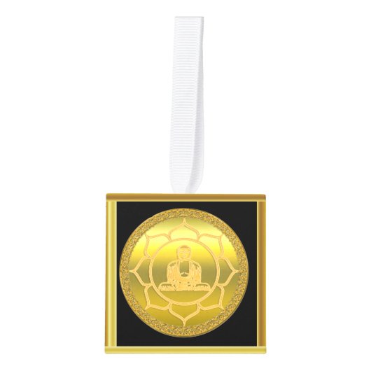 ヨガ瞑想をする仏スピリチュアル金ゴールド箔 キューブオーナメント (正面)