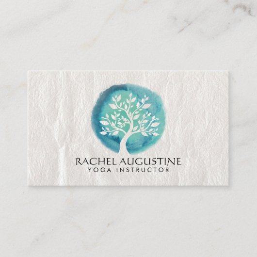 ヨガ瞑想インストラクターエレガントホワイトティール（緑がかった色）ツリー 名刺 (正面)
