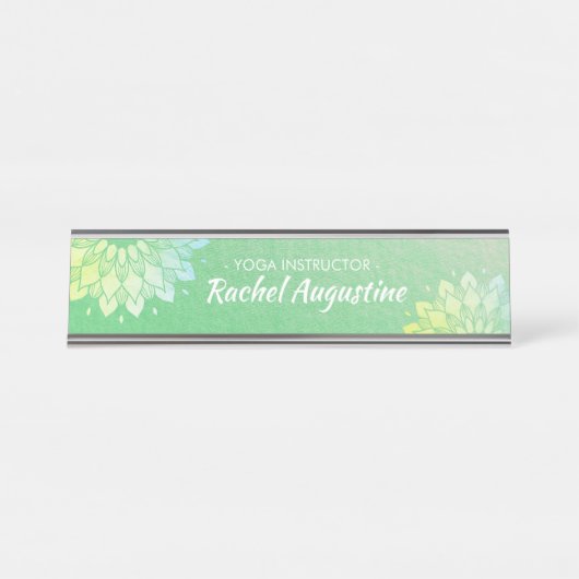 ヨガ瞑想インストラクターグリーンゴールドフォイルマンダラ デスクネームプレート (正面)