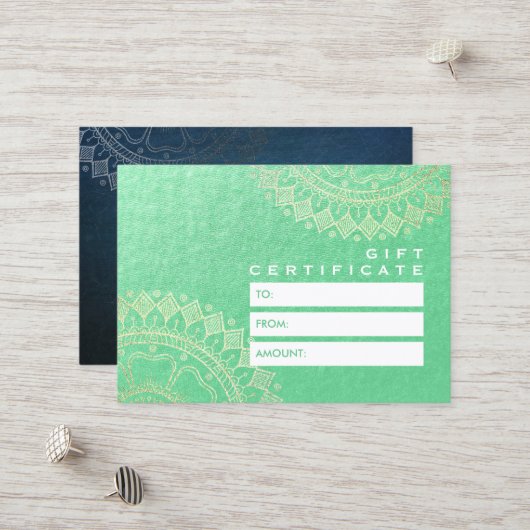 ヨガ瞑想インストラクターグリーンゴールドフォイルマンダラ 割引カード (正面/裏面インサイチュ)