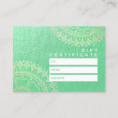 ヨガ瞑想インストラクターグリーンゴールドフォイルマンダラ 割引カード (正面)