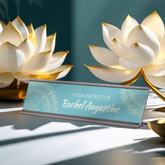 ヨガ瞑想インストラクターグリーンブルー金ゴールドマンダラ デスクネームプレート