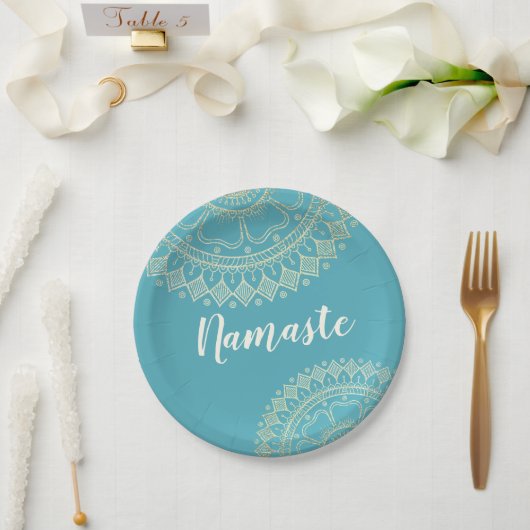 ヨガ瞑想インストラクターグリーンブルー金ゴールドマンダラ ペーパープレート (ウェディング)