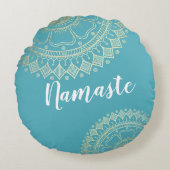 ヨガ瞑想インストラクターグリーンブルー金ゴールドマンダラ ラウンドクッション (正面)