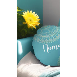 ヨガ瞑想インストラクターグリーンブルー金ゴールドマンダラ ラウンドクッション