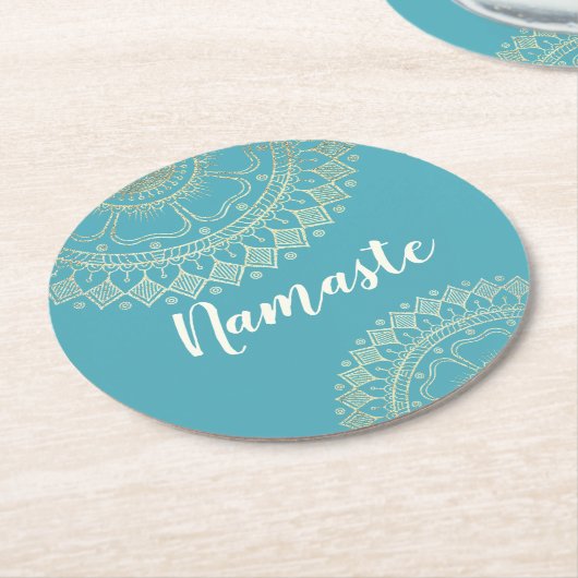 ヨガ瞑想インストラクターグリーンブルー金ゴールドマンダラ ラウンドペーパーコースター (アングル)