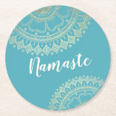 ヨガ瞑想インストラクターグリーンブルー金ゴールドマンダラ ラウンドペーパーコースター (正面)
