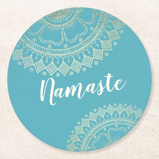 ヨガ瞑想インストラクターグリーンブルー金ゴールドマンダラ ラウンドペーパーコースター (正面)