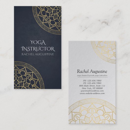 ヨガ瞑想インストラクターシックブラック金ゴールドマンダラ 名刺 (正面/裏面)