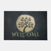 ヨガ瞑想インストラクターブラック金ゴールドツリーウェルカム ドアマット (正面)