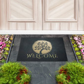 ヨガ瞑想インストラクターブラック金ゴールドツリーウェルカム ドアマット